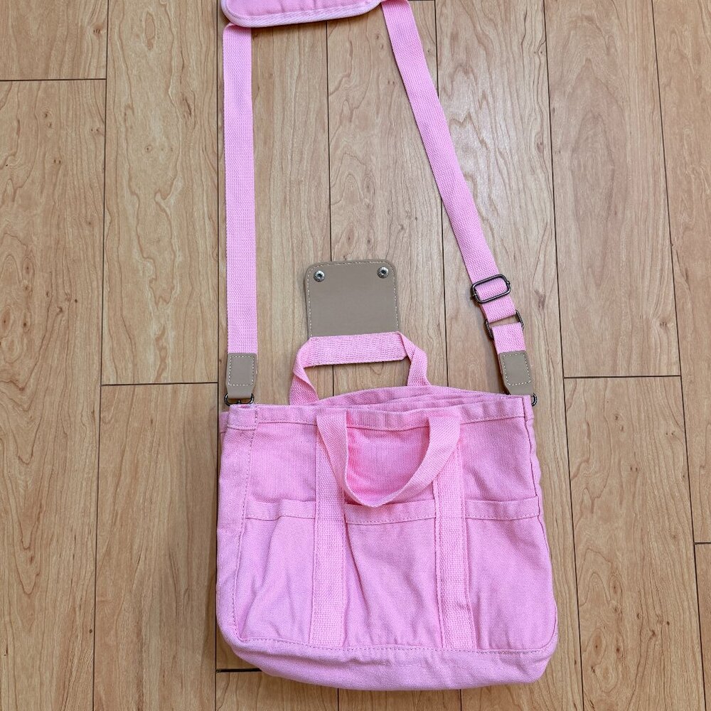 Women's‎ Pink Canvas Tote Bag Multi Pocket Crossbody w/ Adjustable Padded Strap
